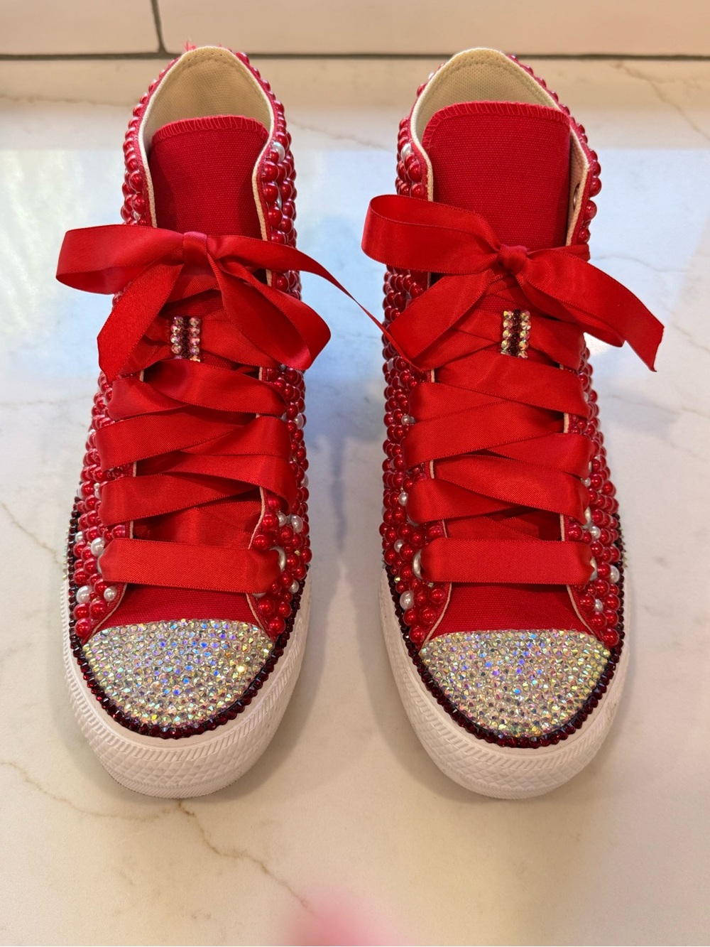 Converse Red Crystal & Pearl High-Top Sneakers